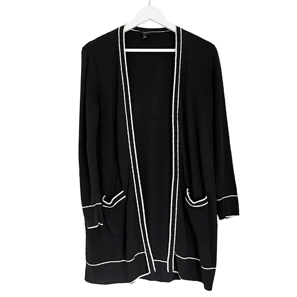 Talbots Open Front Cardigan Sweater Pockets Black White Size Medium Petite